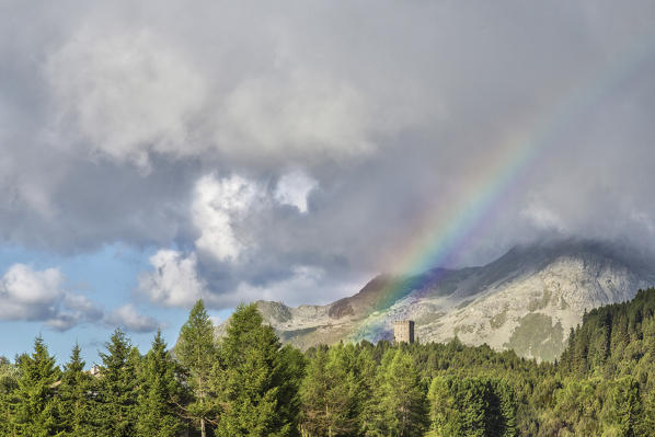 Rainbow on Tower Belvedere, Maloja Pass, Bregaglia Valley, Canton of Graubunden, Engadin, Switzerland