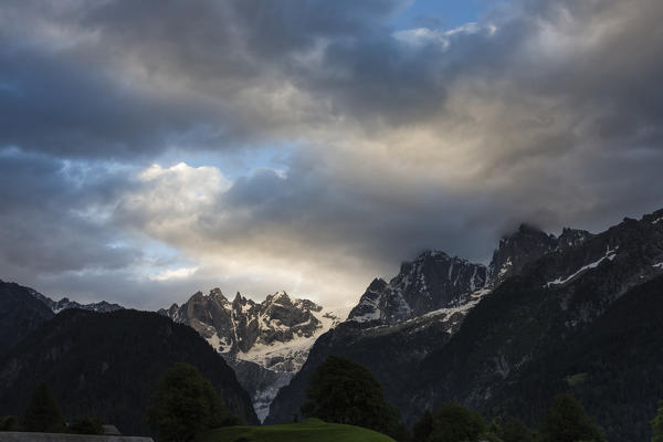 Sunrise on the rocky peaks, Soglio, Bregaglia Valley,  Maloja Region, Canton of Graubunden, Switzerland