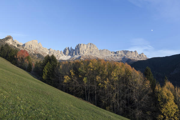 Catinaccio Rosengarten and Torri Del Vajolet during autumn, Tires Valley, Dolomites, South Tyrol, Bolzano province, Italy
