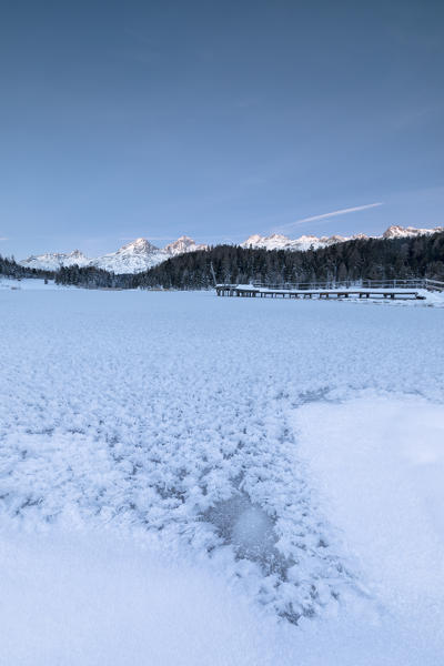 Frozen lake, Lej da Staz, St Moritz, canton of Graubünden, Engadine, Switzerland