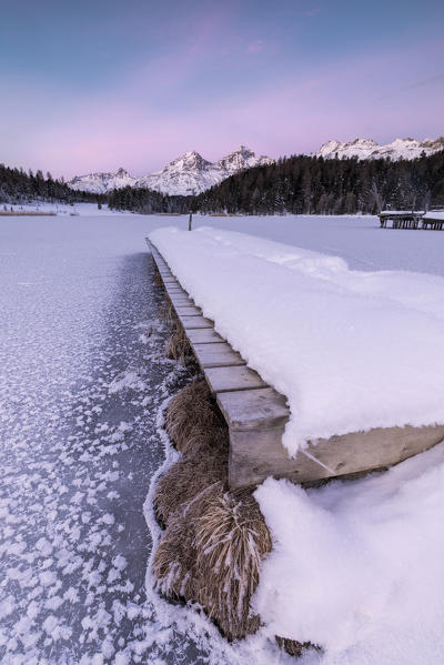 Walkway on the frozen lake, Lej da Staz, St Moritz, canton of Graubünden, Engadine, Switzerland