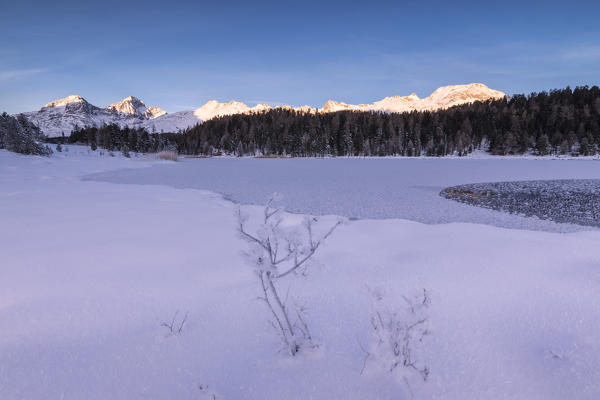 Frozen lake, Lej da Staz, St Moritz, canton of Graubünden, Engadine, Switzerland