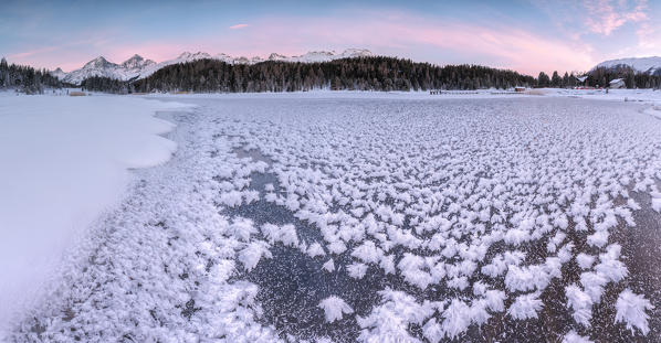 Panoramic of ice crystals at Lej da Staz, St Moritz, canton of Graubünden, Engadine, Switzerland