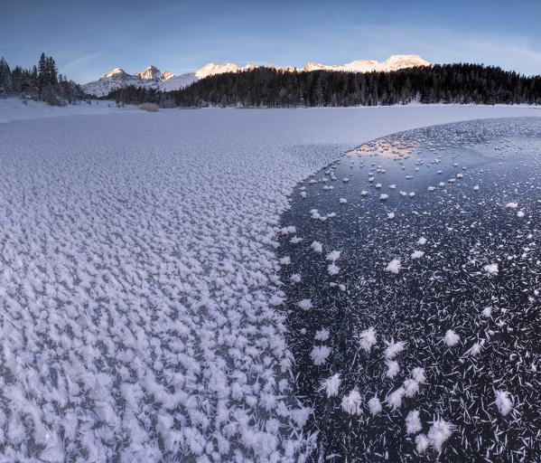 Panoramic of ice crystals at Lej da Staz, St Moritz, canton of Graubünden, Engadine, Switzerland