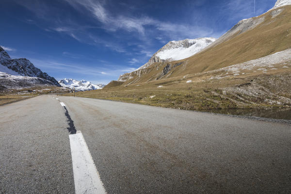 Asphalt road, Albula Pass, Bergün, Canton of Graubünden, Engadine, Switzerland