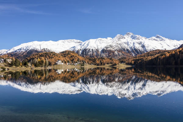 Snowy peaks reflected in lake during autumn, St Moritz, canton of Graubunden, Maloja District, Engadine, Switzerland