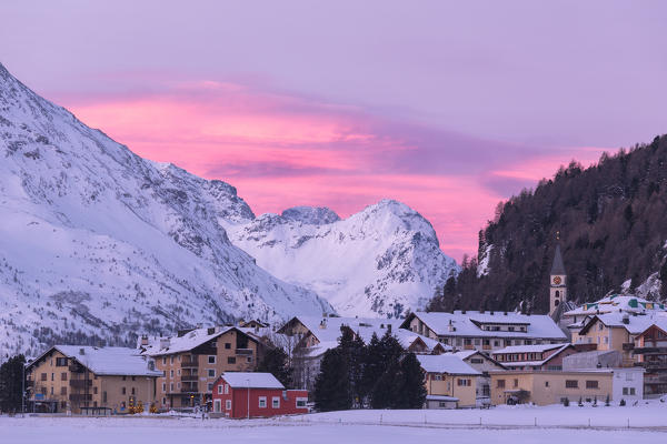 Dawn on the village of Silvaplana with Piz Da La Margna in the background, St.Moritz, canton of Graubunden, Engadin, Switzerland