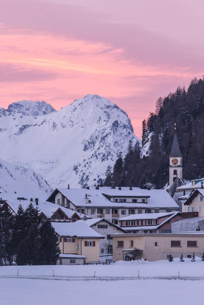 Dawn on the village of Silvaplana with Piz Da La Margna in the background, St.Moritz, canton of Graubunden, Engadin, Switzerland