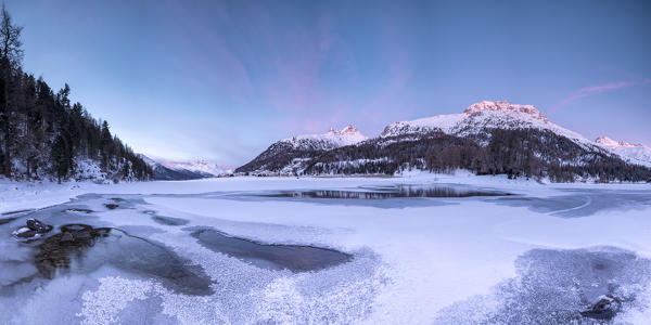 Panoramic of Piz Da La Margna seen from the frozen Lake Champfer, Silvaplana, canton of Graubunden, Engadin, Switzerland