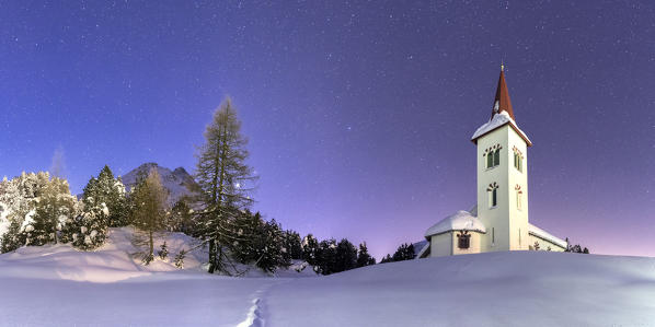 Panoramic of Chiesa Bianca at night, Maloja, Bregaglia Valley, canton of Graubunden, Engadin, Switzerland