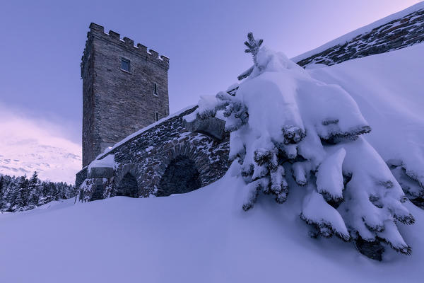 Belvedere Tower surrounded by snow, Maloja Pass, Bregaglia Valley, canton of Graubunden, Engadin, Switzerland