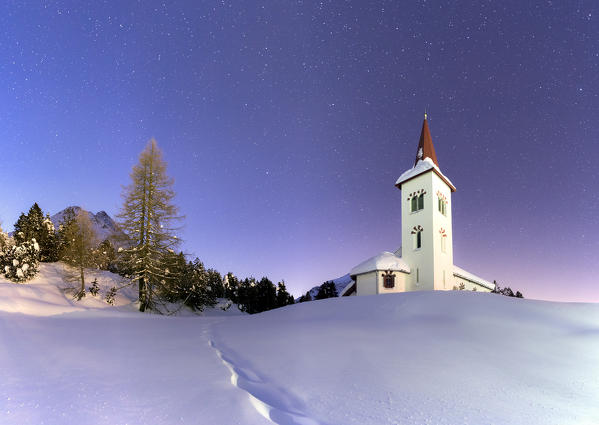 Panoramic of Chiesa Bianca at night, Maloja, Bregaglia Valley, canton of Graubunden, Engadin, Switzerland