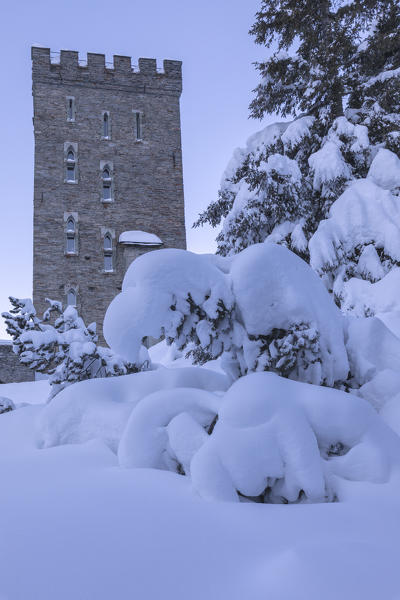 Belvedere Tower surrounded by snow, Maloja Pass, Bregaglia Valley, canton of Graubunden, Engadin, Switzerland