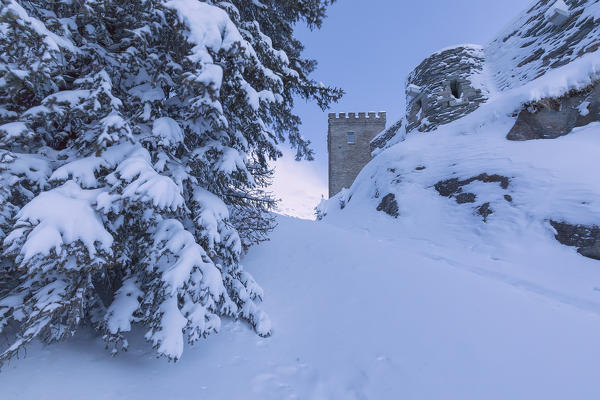 Belvedere Tower surrounded by snow, Maloja Pass, Bregaglia Valley, canton of Graubunden, Engadin, Switzerland