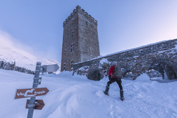Hiker on snowshoe at Belvedere Tower, Maloja Pass, Bregaglia Valley, canton of Graubunden, Engadin, Switzerland