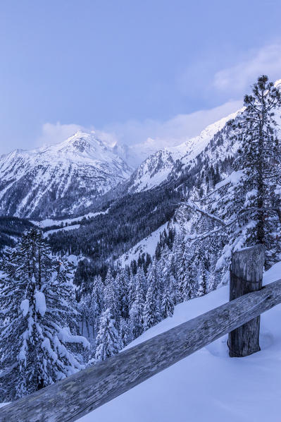 View of snowy peaks from Maloja, Bregaglia Valley, canton of Graubunden, Engadin, Switzerland