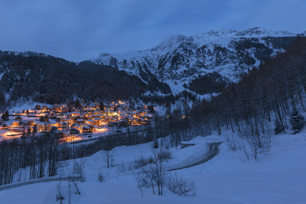 Alpine village of Fraciscio at dusk, Campodolcino, Chiavenna Valley, province of Sondrio, Valtellina, Lombardy, Italy