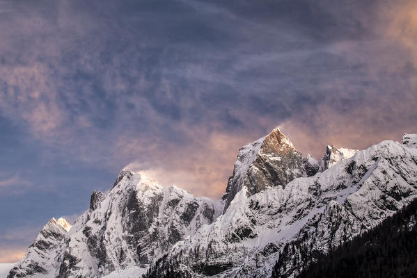 The peaks Cengalo and Badile, granite giants in Bondasca valley. The peaks are the border between Switzerland and Italy - Bregaglia valley, Alps, Canton Grigioni, Italy. Europe