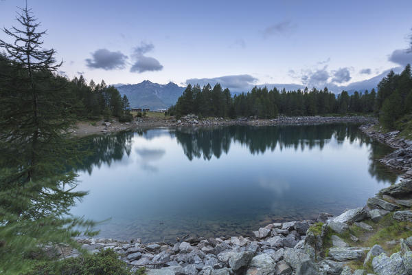 Lago Azzurro at sunrise, Spluga Valley, province of Sondrio, Valtellina, Lombardy, Italy