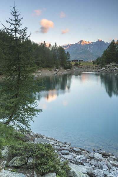 Lago Azzurro at sunrise, Spluga Valley, province of Sondrio, Valtellina, Lombardy, Italy
