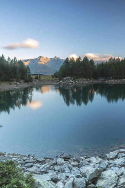 Lago Azzurro at sunrise, Spluga Valley, province of Sondrio, Valtellina, Lombardy, Italy