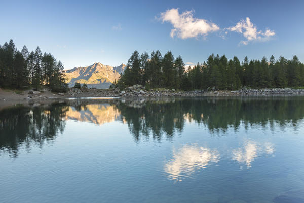 Lago Azzurro at sunrise, Spluga Valley, province of Sondrio, Valtellina, Lombardy, Italy