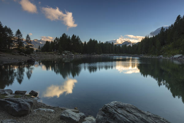 Lago Azzurro at sunrise, Spluga Valley, province of Sondrio, Valtellina, Lombardy, Italy