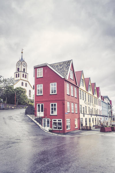 Cathedral and typical houses in the city centre of Torshavn, Streymoy Island, Faroe Islands