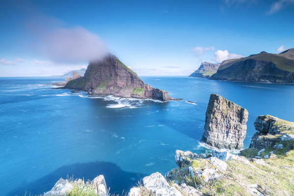 The sea stacks of Drangarnir and Tindholmur islet, Vagar Island, Faroe Islands