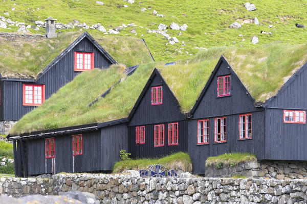 Traditional houses with grass roof, Kirkjubour, Streymoy island, Faroe Islands, Denmark