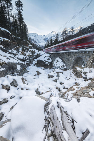 Bernina Express train, Morteratsch, Engadine, Canton of Graubünden, Switzerland