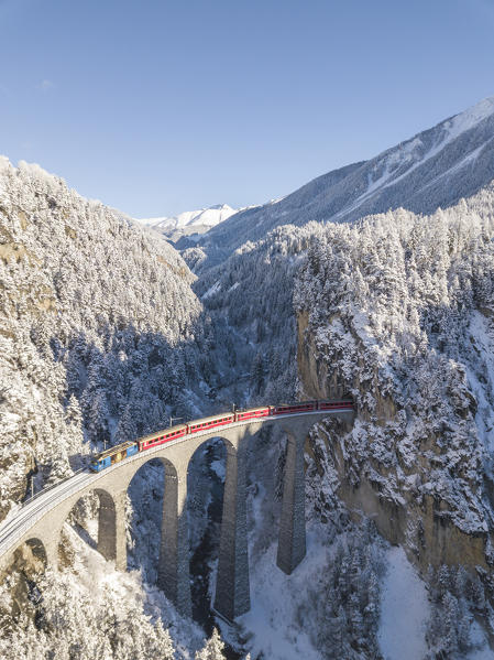 Bernina Express train on Landwasser Viadukt, Filisur, Albula Valley, Canton of Graubünden, Switzerland