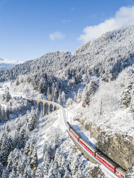 Bernina Express train on Landwasser Viadukt, Filisur, Albula Valley, Canton of Graubünden, Switzerland