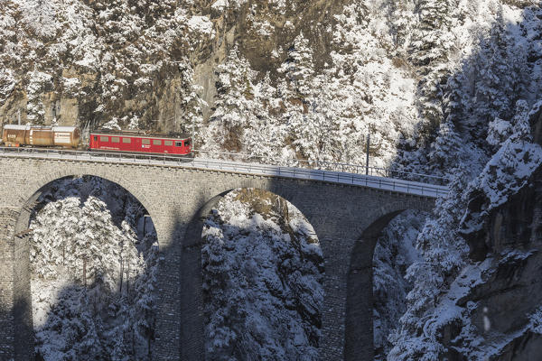 Bernina Express train on Landwasser Viadukt, Filisur, Albula Valley, Canton of Graubünden, Switzerland