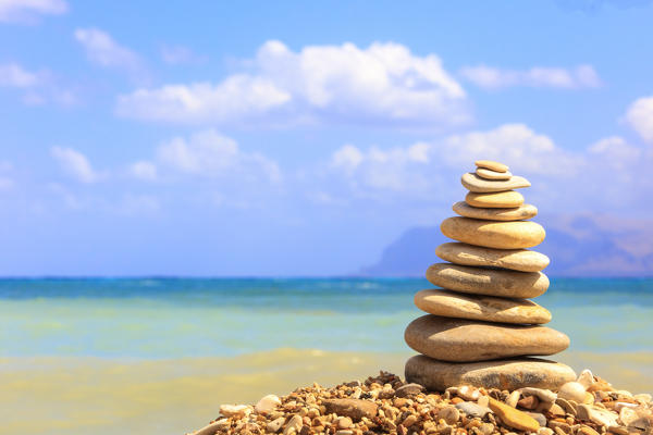 Sculpture of stones on beach, Castellammare del Golfo, province of Trapani, Sicily, Italy