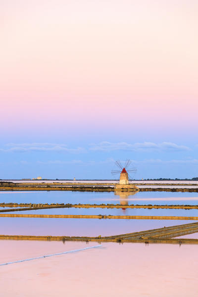 Windmill in the salt flats, Saline dello Stagnone, Marsala, province of Trapani, Sicily, Italy