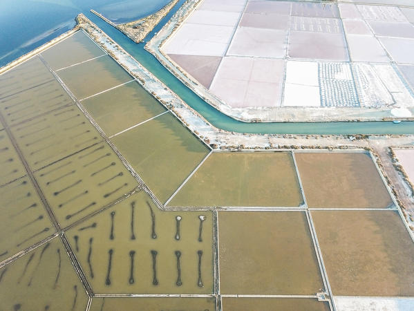 Aerial view of salt flats at sunrise, Saline dello Stagnone, Marsala, province of Trapani, Sicily, Italy