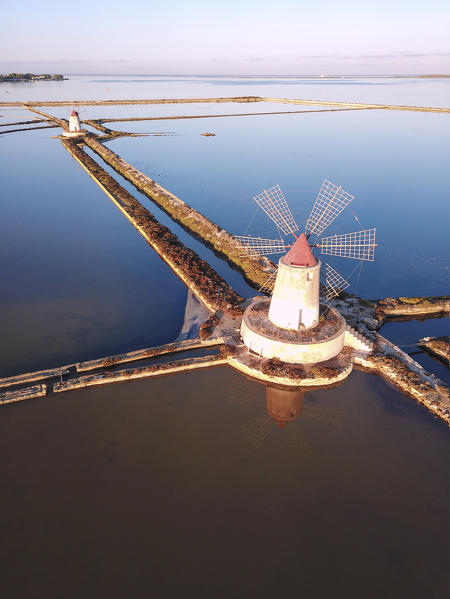 Aerial view of salt flats and windmills, Saline dello Stagnone, Marsala, province of Trapani, Sicily, Italy