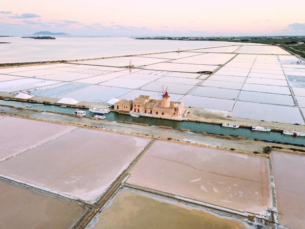 Aerial view of salt flats at sunrise, Saline dello Stagnone, Marsala, province of Trapani, Sicily, Italy
