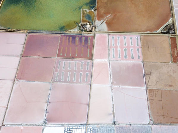 Aerial view of salt tanks, Saline dello Stagnone, Marsala, province of Trapani, Sicily, Italy