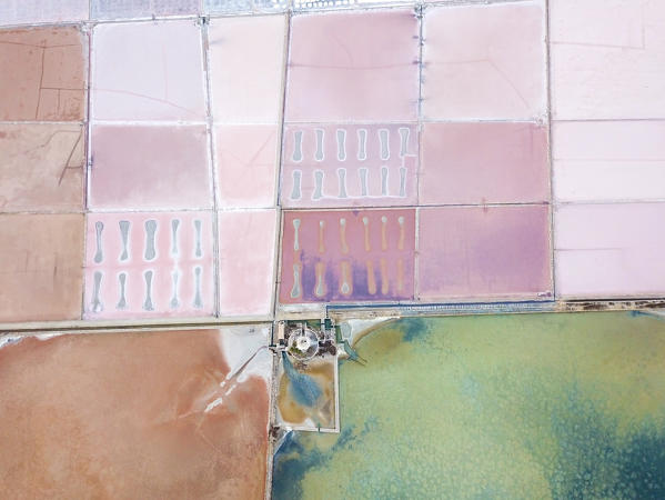 Aerial view of salt flats at sunrise, Saline dello Stagnone, Marsala, province of Trapani, Sicily, Italy