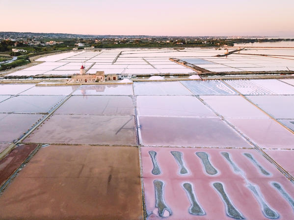 Aerial view of salt flats at sunrise, Saline dello Stagnone, Marsala, province of Trapani, Sicily, Italy