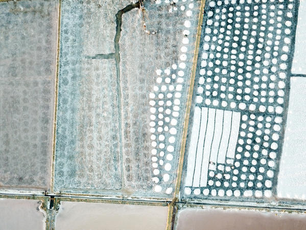 Aerial view of salt tanks, Saline dello Stagnone, Marsala, province of Trapani, Sicily, Italy