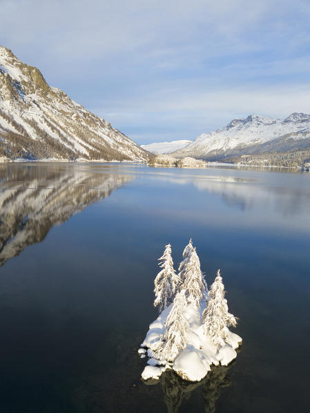 Aerial panoramic view of Lake Sils and Plaun da Lej during winter, Maloja Region, Canton of Graubunden, Engadin, Switzerland