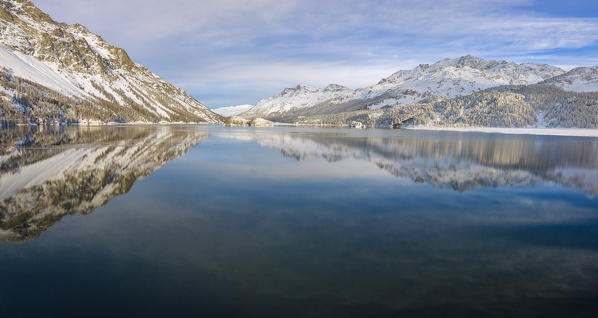 Aerial panoramic view of Lake Sils and Plaun da Lej during winter, Maloja Region, Canton of Graubunden, Engadin, Switzerland