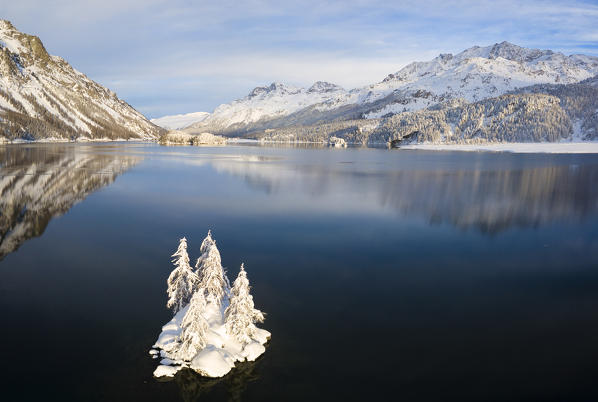 Aerial panoramic view of Lake Sils and Plaun da Lej during winter, Maloja Region, Canton of Graubunden, Engadin, Switzerland