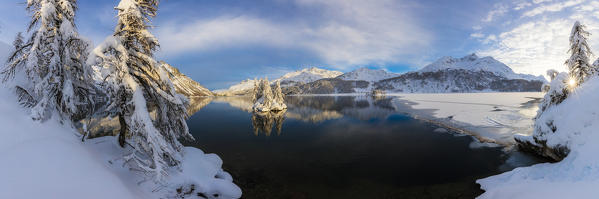 Panoramic of frozen Lake Sils, Plaun da Lej, Maloja Region, Canton of Graubunden, Engadin, Switzerland