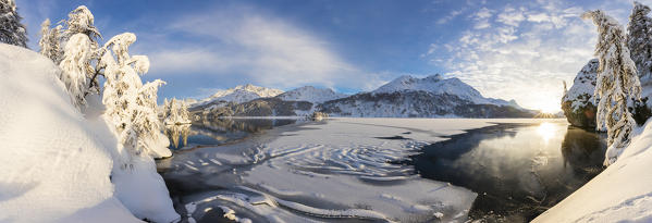 Panoramic of frozen Lake Sils, Plaun da Lej, Maloja Region, Canton of Graubunden, Engadin, Switzerland