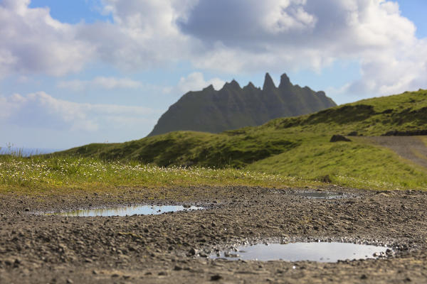 Meadows and rocky peaks, Bour, Vagar island, Faroe Islands, Denmark