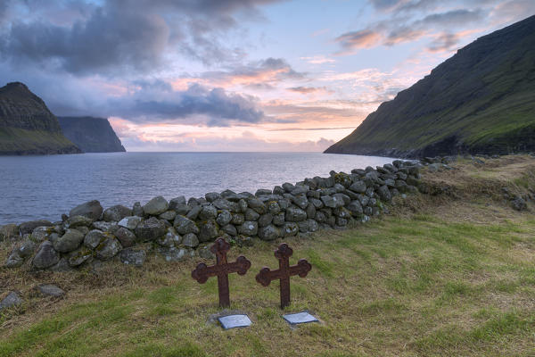 Tombstones, church of Vidareidi, Vidoy island, Faroe Islands, Denmark